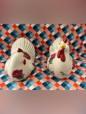Vintage Ceramic Lenox Rooster Salt and Pepper Shakers White with Floral Accents
